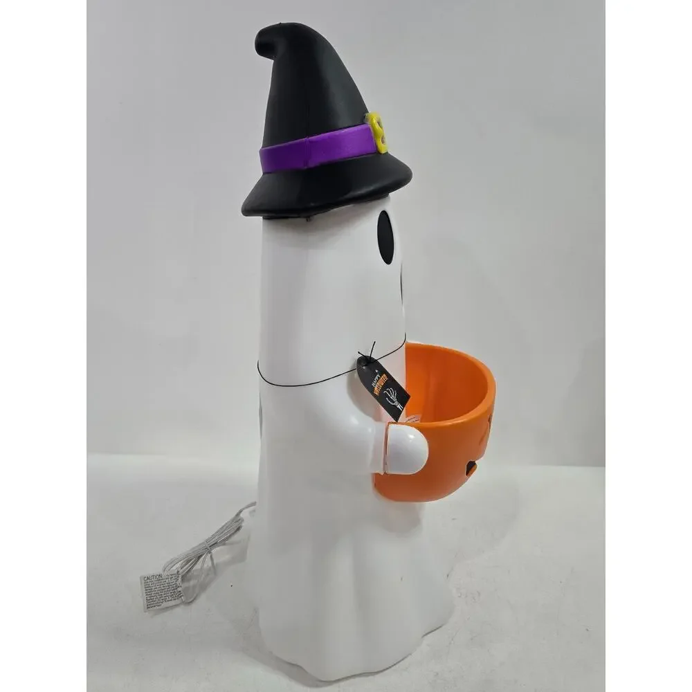 Halloween Ghost Witch Holding Pumpkin Candy Holder Lighted Blow Mold 24